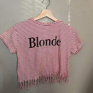 Zara Kids Summer Tee Red White Stripes size 11/12 graphic blonde fringe